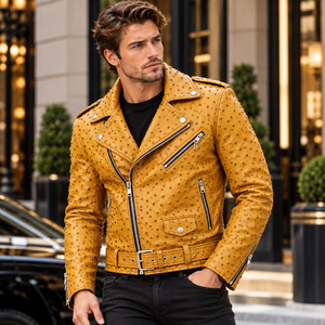 <b>Men</b>’s Ostrich Embossed Genuine Leather <b>Biker</b> <b>Jacket</b> Motorcycle <b>Jacket</b> Custom OEM Wholesale Genuine Leather Fashion <b>Jacket</b> - Product Image 6