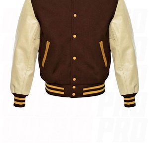 Custom Brown Wool Varsity <b>Jacket</b> with Beige <b>Leather</b> Sleeves Yellow Striped Letterman Baseball Bomber <b>Jacket</b> for <b>Men</b> Wholesale - Product Image 5