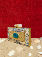 Pochette de soirée de luxe indienne artisanale en laiton, ornée de pierres d'agate et de nacre, idéale pour les mariages et les fêtes estivales