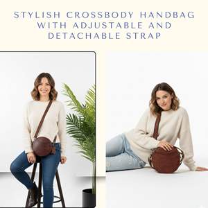 Women’s Genuine Leather Circular Crossbody <b>Bag</b> – Small Round Shoulder Purse, Adjustable <b>Strap</b>, Brown - Product Image 5