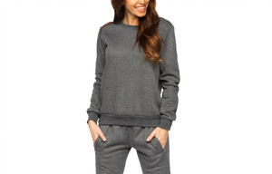 Ensemble de survêtement en coton gris pour femmes, sweat-shirt à col rond, pantalon long, poches latérales, vêtements décontractés pour l'automne - Product Image 3