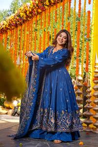 Blue Embroidered Anarkali Gown With Dupatta Heavy Silk Women Set Wedding Party Diwali Outfit - Product Image 5