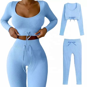 Top de gimnasio acanalado para mujer, top corto de manga larga y mallas sin costuras - Product Image 6