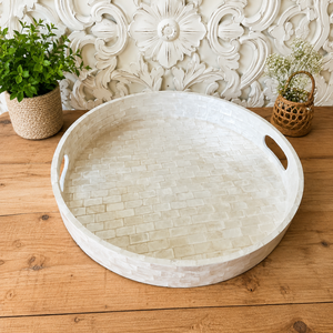 High Quality <b>MOP</b> Mosaic Sea Shell White Design Serving Tray Strong Wooden Base And Convenient Carrying <b>Handles</b> Wholesale - Product Image 1