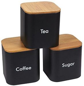 Recipientes Minimalistas Cuadrados Negros para Almacenamiento de Alimentos con Tapas de Madera, Herméticos y Apilables, para Uso en la Cocina, para Té, Café y Azúcar - Product Image 1