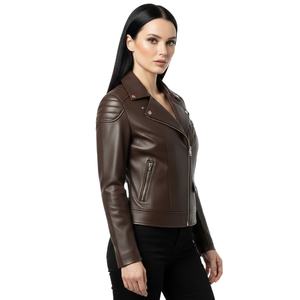 Chaqueta de Motociclista de Cuero Marrón Oscuro para Mujer al por Mayor, Diseño Personalizado, Estilo Motero, Abrigo de Cuero Genuino, Fabricante al por Mayor, OEM - Product Image 1