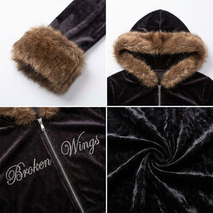 Ensemble de survêtement à capuche en velours noir pour femme, manches longues, fermeture éclair sur le devant, broderie ailes brisées, style gothique, vêtements d'hiver - Product Image 6