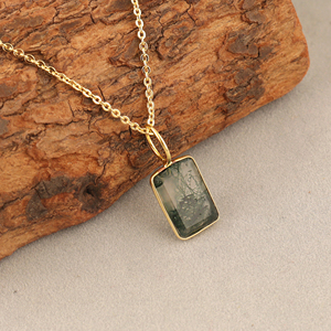 Natural Gemstone Moss Agate Pendant Geometric 18k Gold Plated Punk Brass Trendy Fashion Jewelry Party - Product Image 2