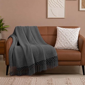 Export Quality Solid Grey Color Cotton Throw <b>Blanket</b> With Tassels Design Eco Friendly Custom Throw All Season Use. - Product Image 1