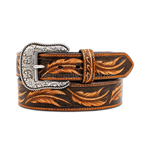 Wholesale Vintage Western Leather <b>Belt</b> for Men Women Dark Brown Cowboy <b>Belt</b> with Hand Tooled Feather Design <b>Silver</b> <b>Buckle</b> - Product Image 1