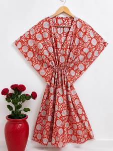 Women Cotton Maxi <b>Kaftan</b> Dress V-neck Boho Floral Printed Eco-Friendly Beach Cover Batwing Sleeve Regular Fit <b>Summer</b> Resort Wear - Product Image 5