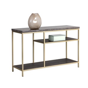 Console Moderne en Fer Doré avec Design Convertible Miroir, Plateau en Métal Gris et Étagères de Rangement Ouvertes – Meuble d'Entrée - Product Image 5