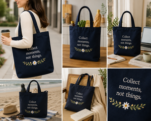 กระเป๋าผ้าแคนวาสปักลาย "Collect Moments Not Things" สีน้ำเงินกรมท่า สไตล์มินิมอล ใช้ได้ทุกฤดู ปรับแต่งได้ ปิดแบบพิเศษ พกพาสะดวก - Product Image 3