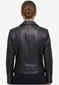 Chaqueta de Motociclista para Mujer, de Cuero de Oveja Genuino, Ecológica, Resistente al Viento, Negra Clásica, con Cierre Frontal Asimétrico Personalizado, para Invierno, Venta al Por Mayor - Product Image 3