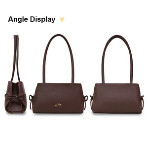 Bolso de Hombro Hody para Mujer, de Cuero Genuino, Asa Suave, Color Marrón, con Lazo, Dos Correas, Cierre de Cremallera, Diseño Minimalista, para Cosméticos - Product Image 2