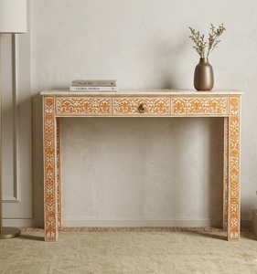 Console moderne en bois massif avec plateau en marbre, design floral incrusté, tiroir de rangement pour salon et entrée - Product Image 1