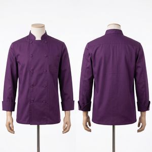 เสื้อเชฟผู้ชาย 240 GSM ผ้าคอตตอนโพลีเอสเตอร์ทวิลล์พรีเมียม สีม่วง กระดุมสองแถว ปักลายตามสั่ง พิมพ์ลาย ป้ายทอ - Product Image 1