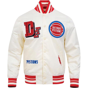 Detroit Pistons Unisex White Coated Varsity Jacket with Embroidered Logo on Front and <b>Red</b> Trim Reversible & Breathable - Product Image 3