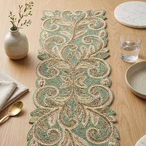 Embroidered Cotton <b>Table</b> <b>Runner</b> Floral Pattern Classic Style Washable Home Decor Green Beige - Product Image 1