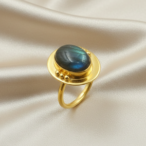 Bague en argent 925 avec pierre de labradorite bleue, boule en laiton, faite à la main, style bohème, plaquée or rose et or jaune, bijou pour elle - Product Image 2