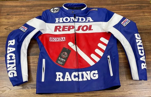 Blouson de moto en cuir AERO AFI unisexe, coloris bleu, blanc et rouge, coupe-vent, manches longues, pour la course printanière - Product Image 4
