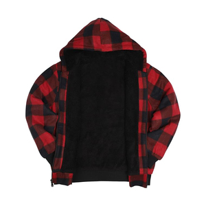 Sweat-shirt à capuche zippé à carreaux rouges et noirs, coupe classique, vêtement d'hiver décontracté, tissu en flanelle 100% coton - Product Image 2