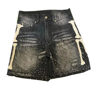 Pantalones Cortos de Mezclilla para Hombre, Estilo Hip Hop, Personalizados, Vintage, Cintura Media, Desgastados, Lavado Ácido, con Pedrería - Product Image 1