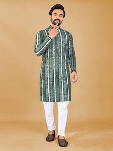 Kurta Pajama pour homme en tissu rayonne doux avec broderie style Chikankari et impression numérique - Product Image 1