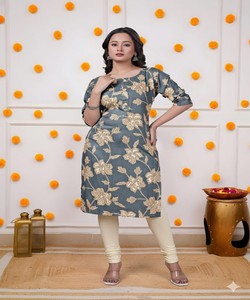 Kurta en coton à imprimé floral pour femmes, longueur genou, coupe régulière, tenue décontractée, style Inde Pakistan, style Dubaï, AARVI 853656 - Product Image 1