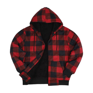 Sweat-shirt à capuche zippé à carreaux rouges et noirs, coupe classique, vêtement d'hiver décontracté, tissu en flanelle 100% coton - Product Image 3