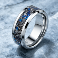 Wolframcarbid-Ring mit Blauem Zerkleinertem Stein und Meteorit-Einlage Polierte Kante Ehering Komfortabler Sitz Verlobungs- und Versprechensschmuck