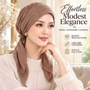 Hijab en soie marron brodé extensible fait main pour femme – Broderie et travail d'aiguille - Product Image 3