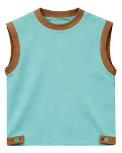 Conjunto de Top sin Mangas y Pantalones Cortos en Contraste Turquesa y Marrón para Hombre, Atuendo Casual de Verano, Cintura con Cordón, Mezcla de Algodón Transpirable y Cómodo - Product Image 1