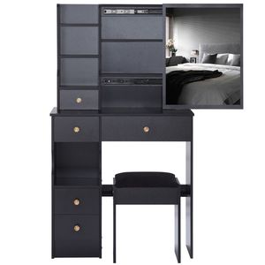 29.2\" Small Space Kids' Furniture Set Left Drawer Desktop Vanity Table <b>Cushioned</b> Stool <b>Extra</b> <b>Large</b> Right Sliding Mirror Multi - Product Image 6