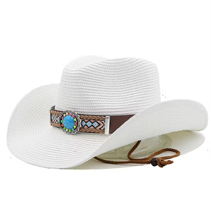 Black Straw Cowboy <b>Hat</b> With Embroidered <b>Band</b> And Turquoise Concho Unisex Outdoor Spring Summer Adult 56-58cm - Product Image 2