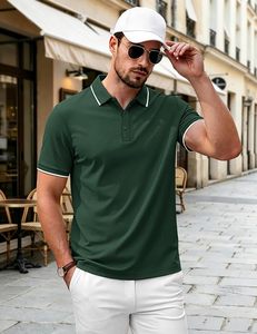 Polo à manches courtes pour homme, vert foncé, couleur unie, tricot piqué, décontracté, respirant, avec boutons - Product Image 2