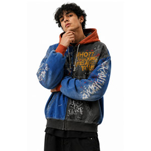 Sweat à capuche zippé surdimensionné pour homme, imprimé denim, style streetwear, avec poche et logo graphique audacieux sur le devant, orange - Product Image 5