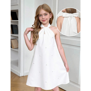 Robe élégante pour filles, col halter, coupe trapèze, avec nœud au dos et embellissement en perles - Product Image 2