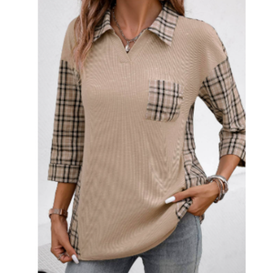 Chemise en popeline à carreaux vintage de haute qualité pour femme, col en V, poche poitrine, décontractée, manches longues, respirante - Product Image 1