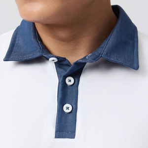 Polo homme blanc en coton avec col et poignets bleus, respirant, uni, teint, manches courtes, vêtement décontracté pour adulte, polo oversize - Product Image 3