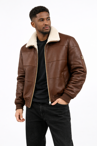 Blouson aviateur en cuir véritable marron pour homme avec col en fourrure sherpa crème - Style classique d'hiver, blouson aviateur B3 - Product Image 1