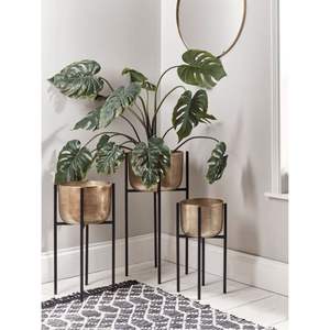 Ensemble de pots à fleurs en métal doré moderne avec support noir, pot à fleurs décoratif d'intérieur de luxe pour le salon, le jardin, la décoration de la maison - Product Image 1