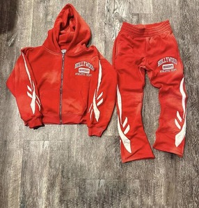 Survêtements de sport pour hommes, logo personnalisé, 100% coton, imprimé uni, streetwear, pantalon évasé à capuche, ensemble 2 pièces - Product Image 4