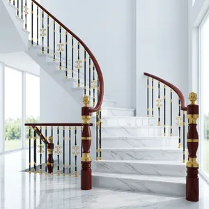 Rampe d'escalier incurvée de luxe en acier inoxydable avec accents dorés, balustres noirs, poteaux ornés, design moderne, résistant à l'eau - Product Image 2
