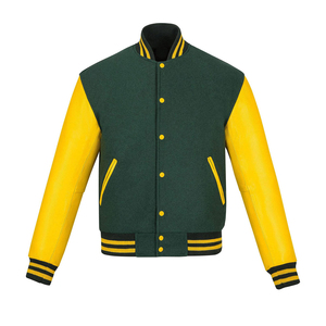 เสื้อแจ็คเก็ตวาร์ซิตี้สีเขียวและเหลืองสำหรับผู้ชาย ทรงปกติ ปกคอพับ ติดกระดุม สีพื้น ผลิตจากหนัง PU เหมาะสำหรับใส่ในฤดูใบไม้ร่วง - Product Image 1