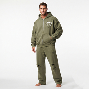 Conjunto Deportivo de Felpa de Algodón para Hombre, Sudadera con Capucha y Cremallera Completa, Hombros Caídos, Corte Holgado, Logotipo Personalizado, Color Verde Oliva Sólido - Product Image 6