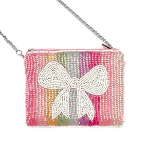 กระเป๋าถือโบว์ประดับลูกปัดทำมือ กระเป๋าคลัทช์ใบเล็กสำหรับผู้หญิง กระเป๋าใส่เหรียญแบบมีซิป ดีไซน์โบว์เก๋ไก๋ สายสะพายโซ่ รับผลิตแบบ OEM - Product Image 4