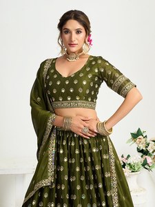 Green Embroidered Silk Lehenga Choli Set with Dupatta Heavy Fabric Traditional Indian Wedding Outfit for Women All Seasons - Product Image 2
