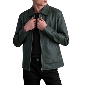 Custom <b>Mens</b> Dark Green Real Leather Jacket Classic Collar Zip Up <b>Coat</b> OEM Private Label Clothing Manufacturer Wholesale Supplier - Product Image 4