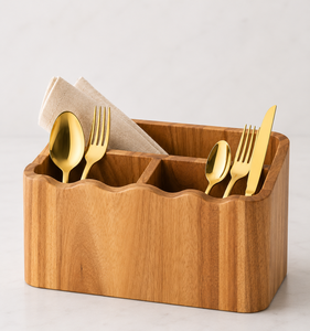 Support à Couverts en Bois de Mangue à 3 Compartiments, Organisateur de Couverts et Serviettes en Bois pour Cuisine, Buffet, Restaurant (Vente en Gros) - Product Image 1